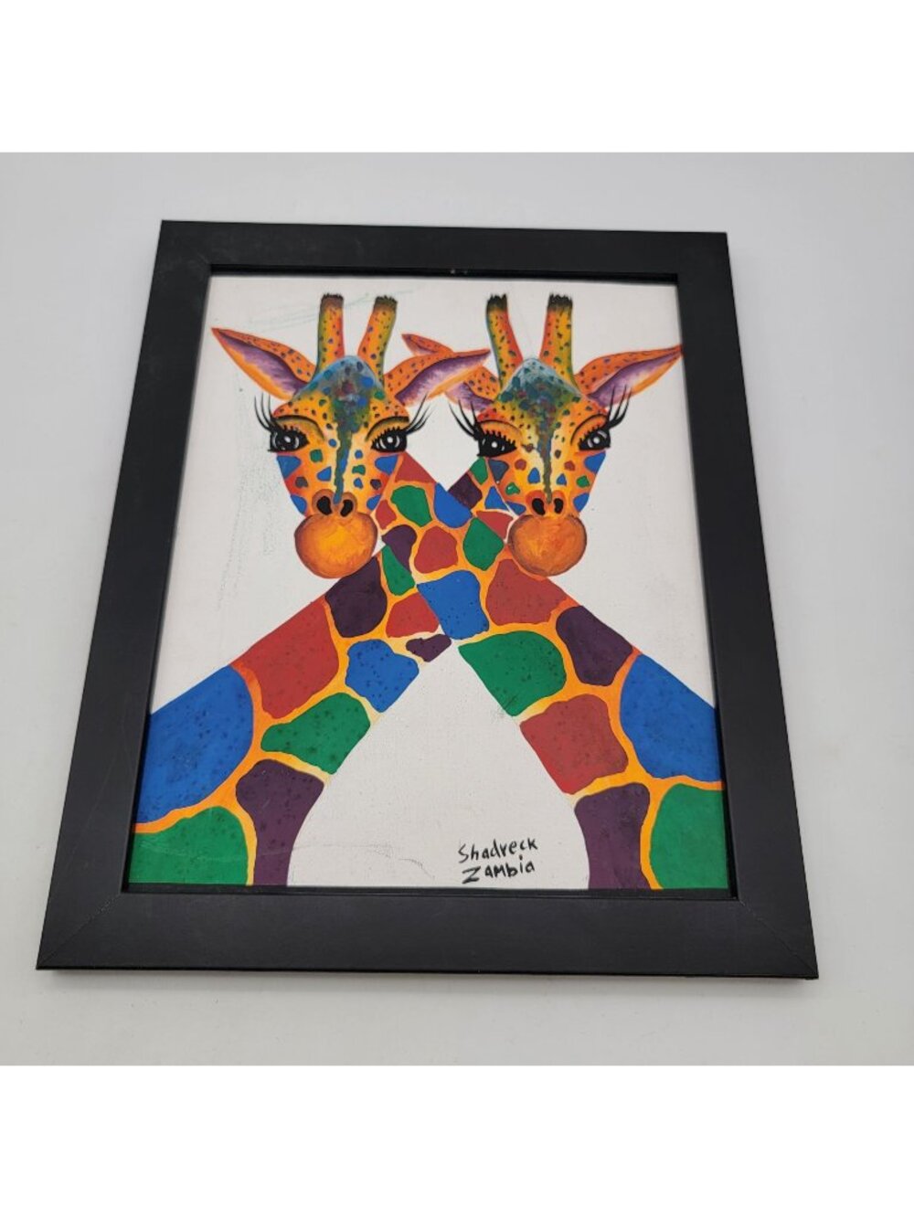 African Giraffe Painting Framed Artwork By Shadreck Siamate Zambia